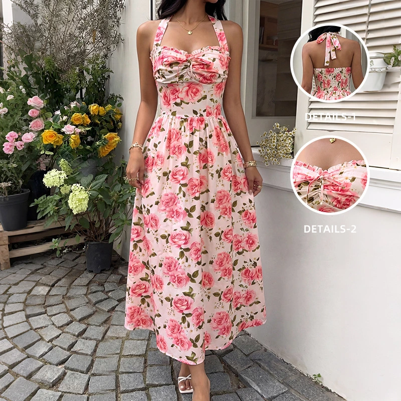 Summer New Style French-Style Floral Halter Dress For Women
