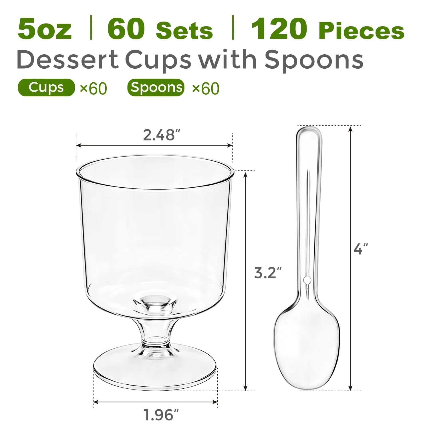 Ginkgo 60 Pack (120-Piece) 5 oz Plastic Stemmed Dessert Cups with Spoons, Disposable Clear Mini Parfait & Pudding Cups for Party Appetizers, Jello & Yogurt Shots