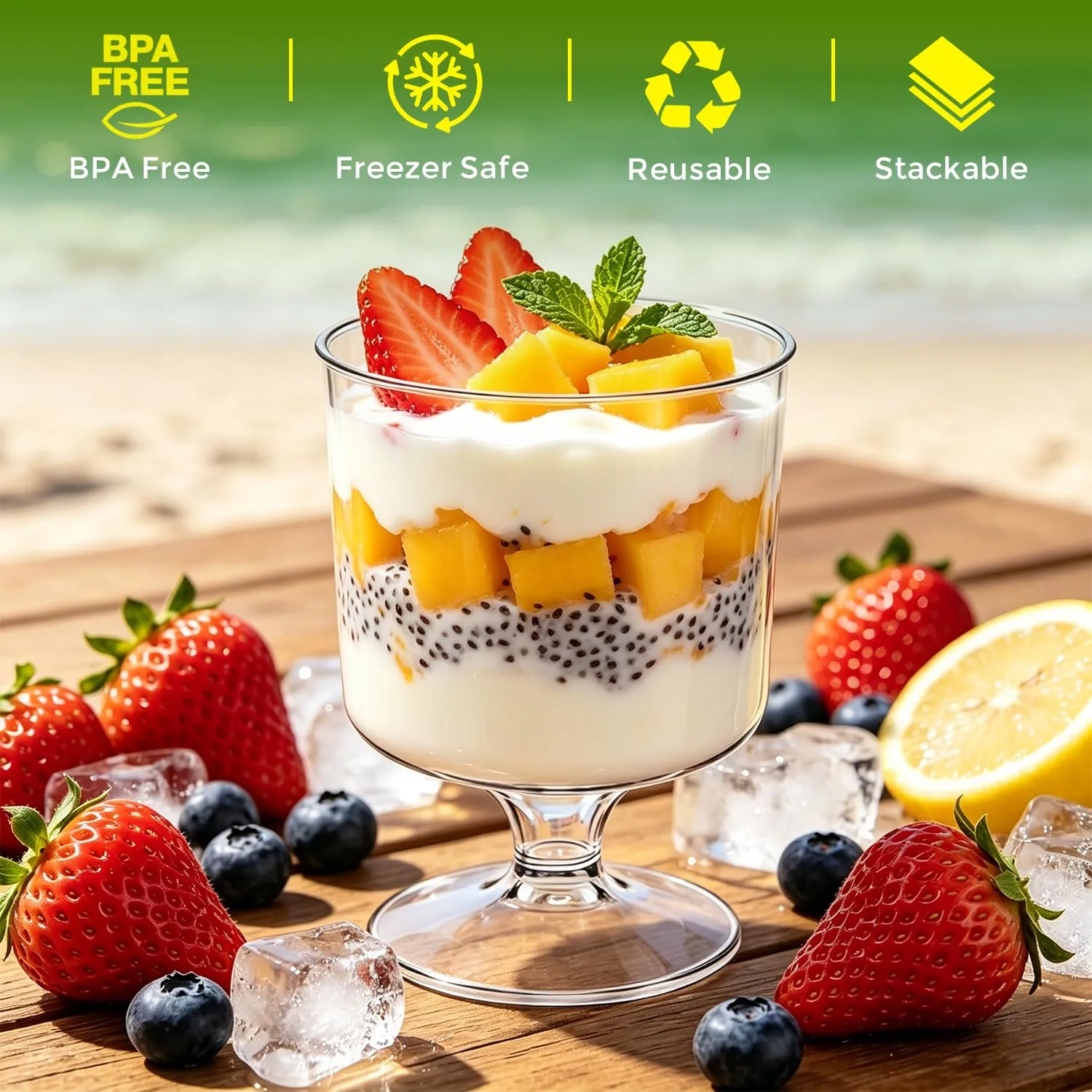 Ginkgo 60 Pack (120-Piece) 5 oz Plastic Stemmed Dessert Cups with Spoons, Disposable Clear Mini Parfait & Pudding Cups for Party Appetizers, Jello & Yogurt Shots
