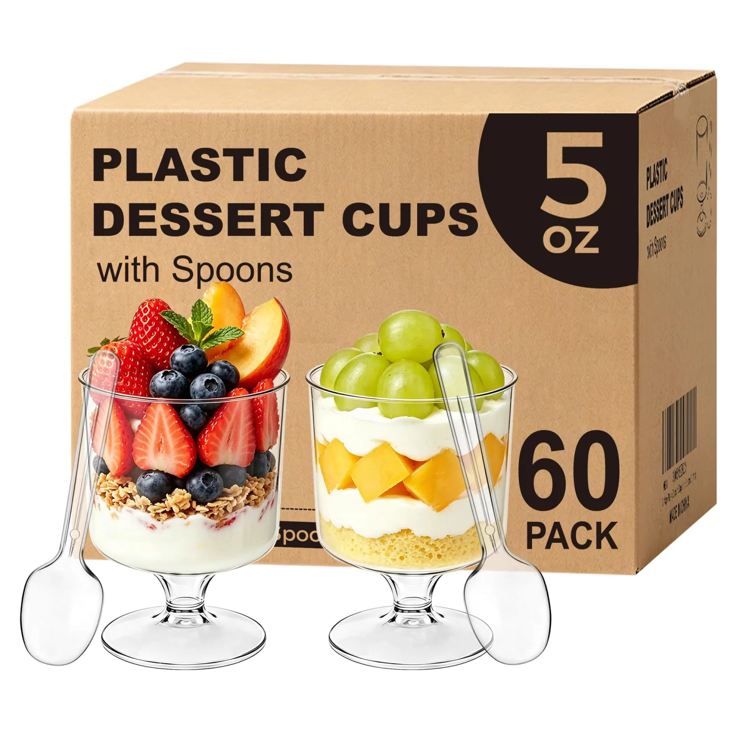 Ginkgo 60 Pack (120-Piece) 5 oz Plastic Stemmed Dessert Cups with Spoons, Disposable Clear Mini Parfait & Pudding Cups for Party Appetizers, Jello & Yogurt Shots
