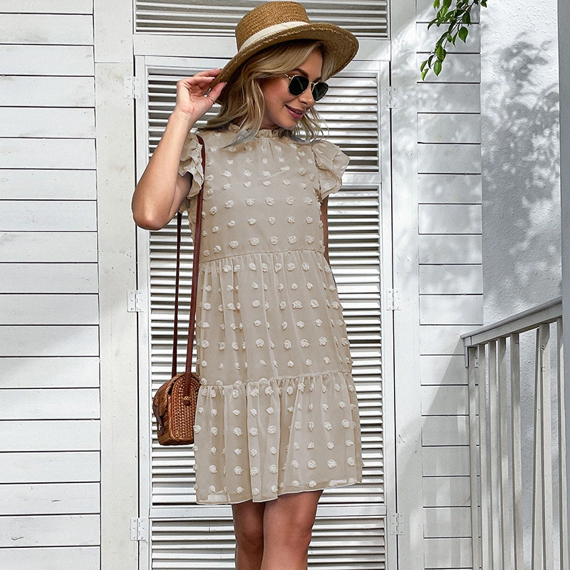 Womens Loose Ruffle-Trimmed Chiffon Jacquard Dress