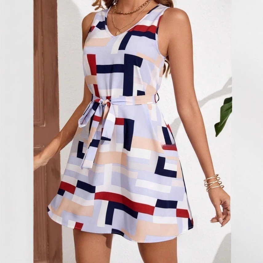 Summer New Style Casual Printed Vest Belt Loose Womens Dress