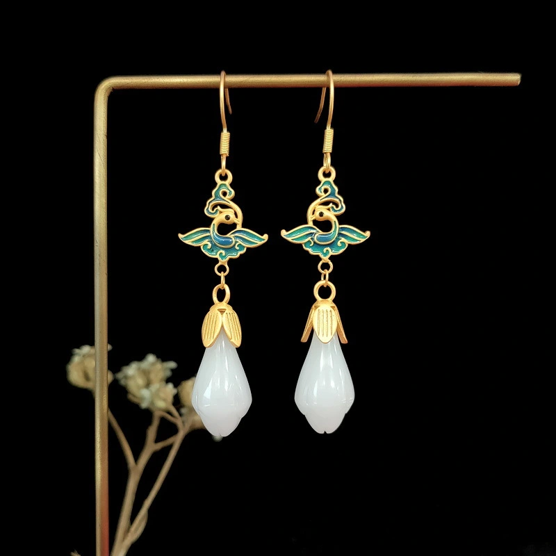 Enamel-dripped White Jade Magnolia Flower Earrings