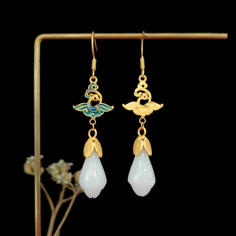 Enamel-dripped White Jade Magnolia Flower Earrings