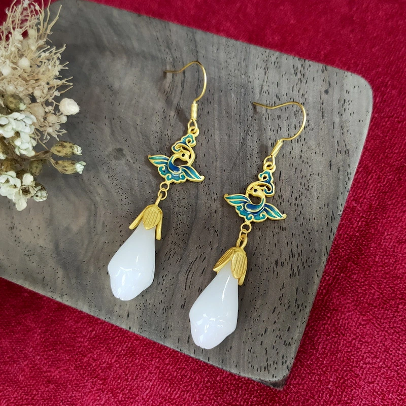 Enamel-dripped White Jade Magnolia Flower Earrings