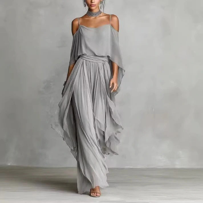 Gray Chiffon Off-Shoulder Camisole And Wide-Leg Pants Set For Women