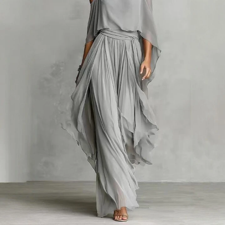Gray Chiffon Off-Shoulder Camisole And Wide-Leg Pants Set For Women