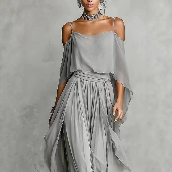 Gray Chiffon Off-Shoulder Camisole And Wide-Leg Pants Set For Women