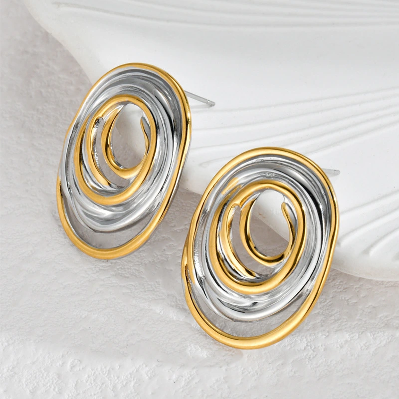 Fashionable Oval Geometric Hollow Gold Two-Tone Elegant Earrings