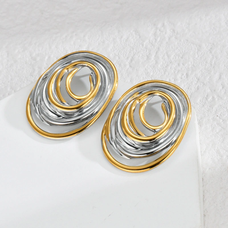 Fashionable Oval Geometric Hollow Gold Two-Tone Elegant Earrings
