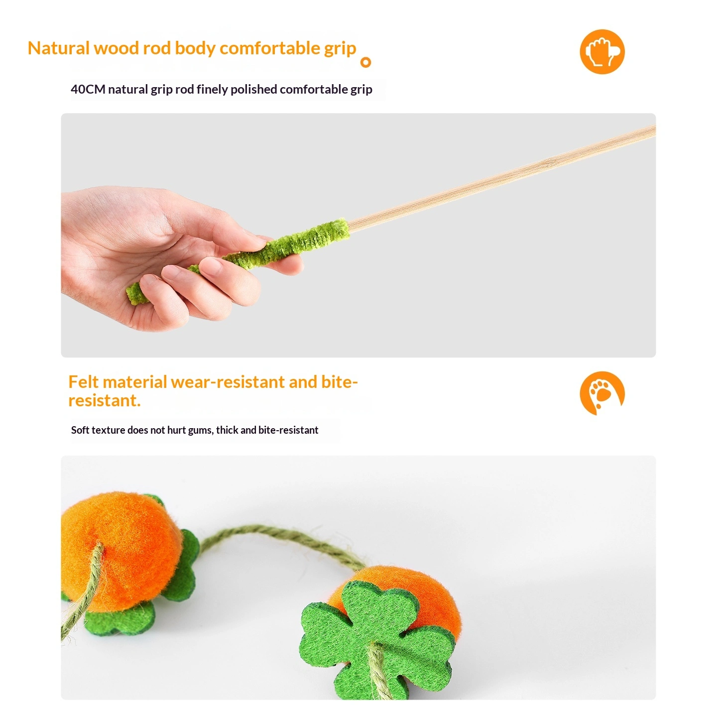 Cat Toy Teaser Wand Bountiful Harvest Design Solid Wood Long Pole