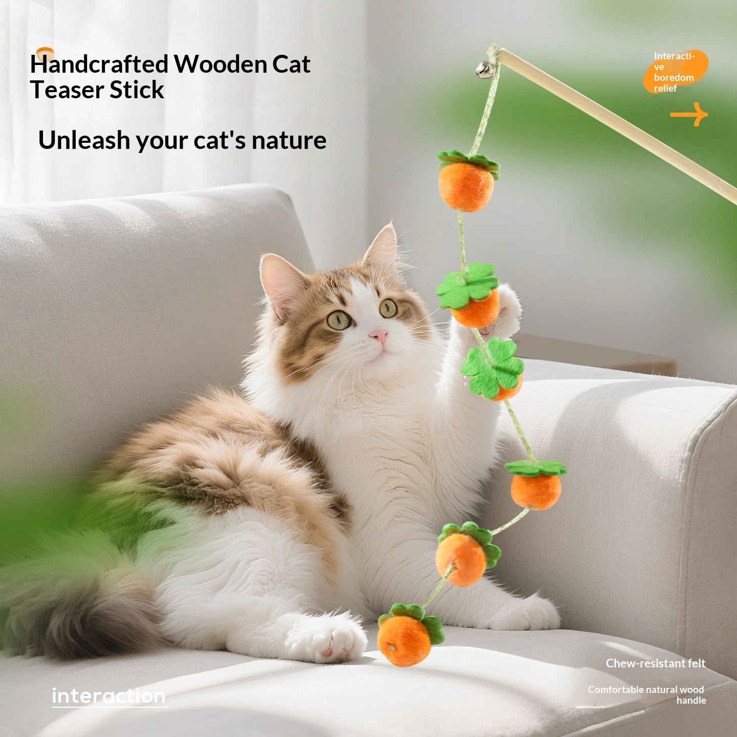 Cat Toy Teaser Wand Bountiful Harvest Design Solid Wood Long Pole