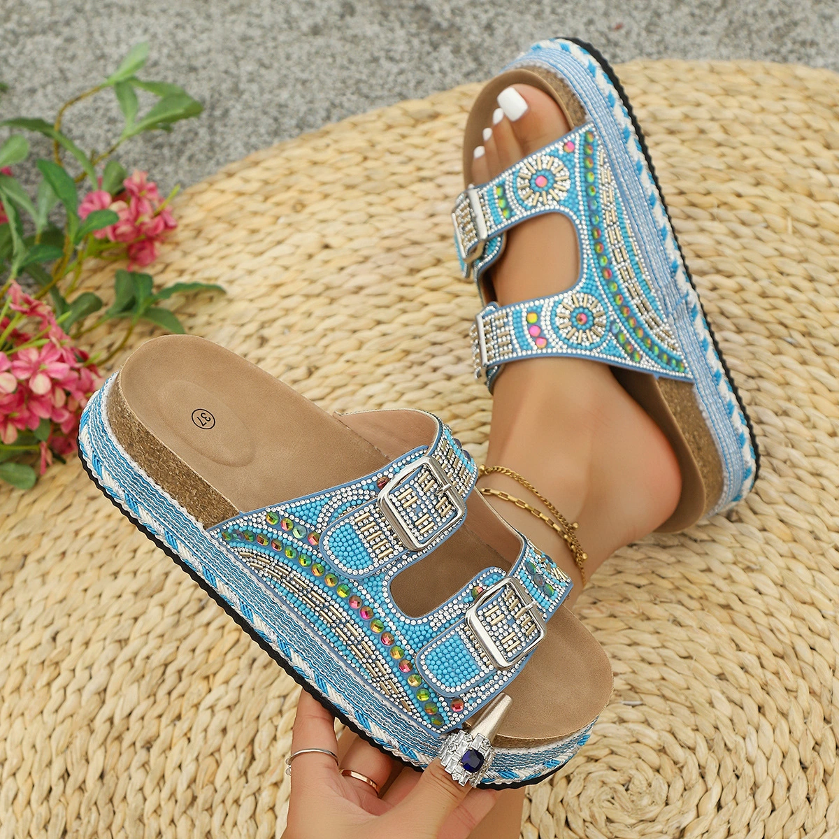 Sky-blue Jute Rope Cross-border Beach Slippers Plus-size Womens Shoes
