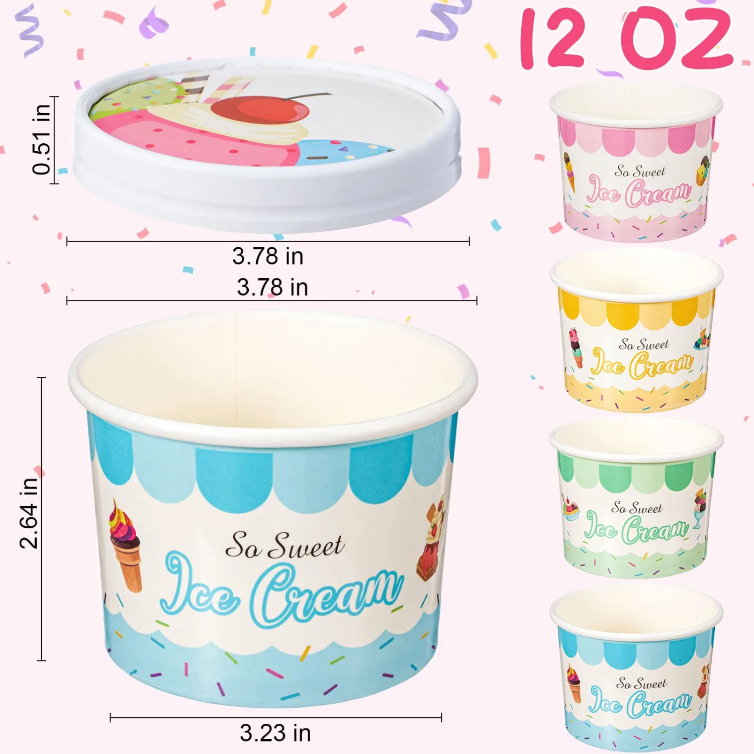 Jingmore 24 Pcs 12 oz Paper Ice Cream Cups with Lids, Ice Cream Containers Disposable Sundae Dessert Bowls, Frozen Yogurt Containers Party Supplies for Hot and Cold Food, Soup, Salad, Fruit