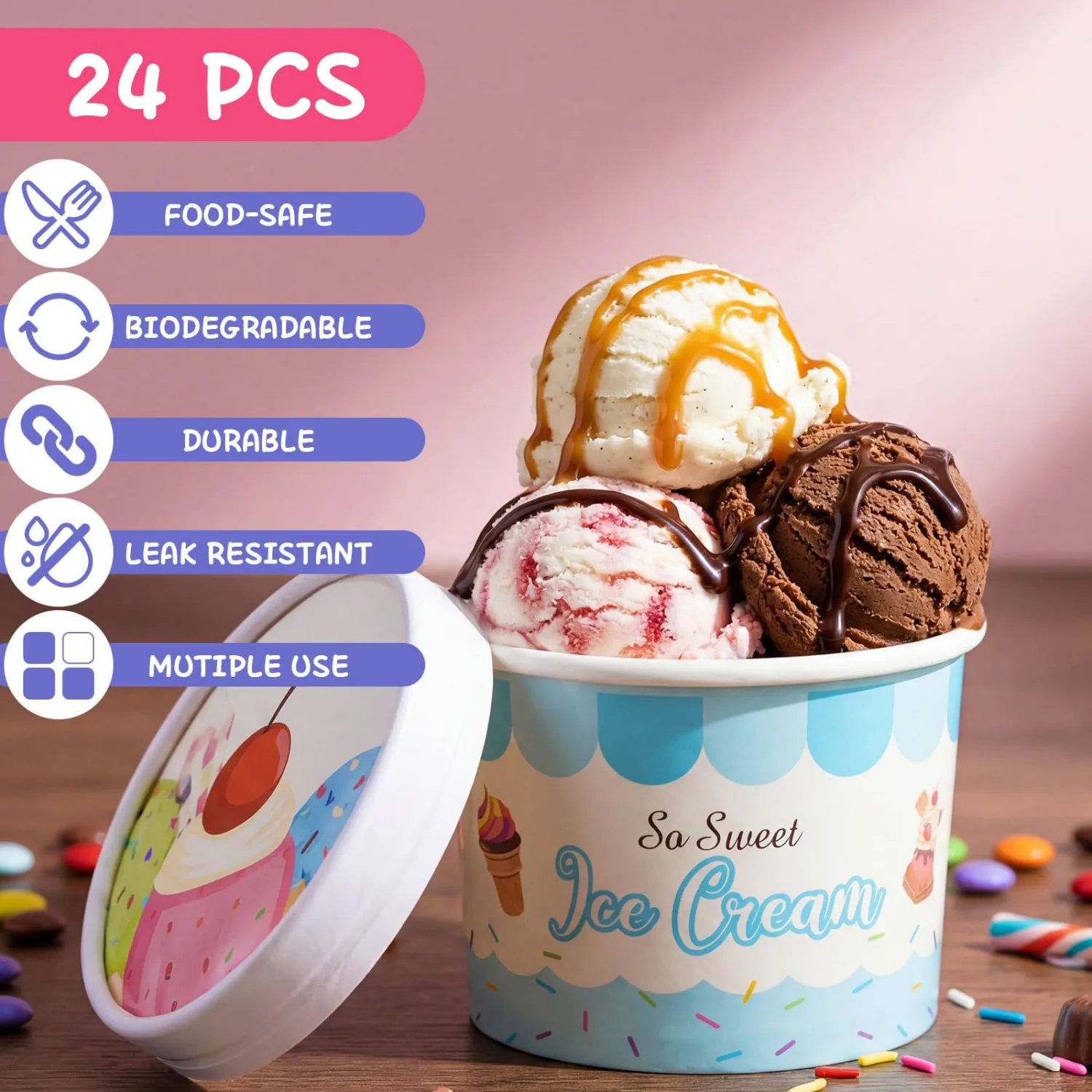 Jingmore 24 Pcs 12 oz Paper Ice Cream Cups with Lids, Ice Cream Containers Disposable Sundae Dessert Bowls, Frozen Yogurt Containers Party Supplies for Hot and Cold Food, Soup, Salad, Fruit