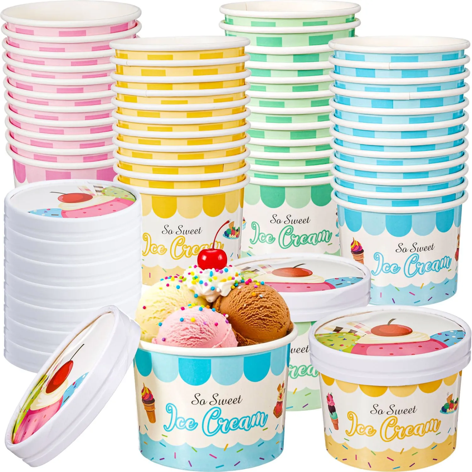 Jingmore 24 Pcs 12 oz Paper Ice Cream Cups with Lids, Ice Cream Containers Disposable Sundae Dessert Bowls, Frozen Yogurt Containers Party Supplies for Hot and Cold Food, Soup, Salad, Fruit