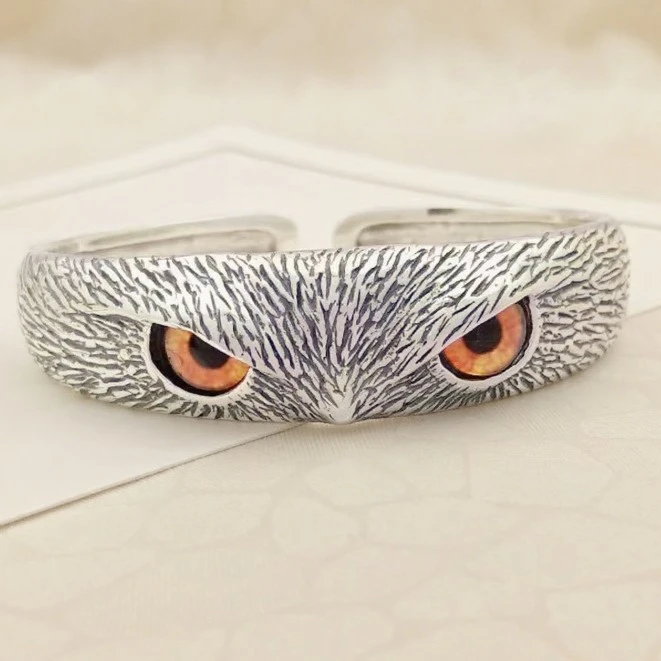 Thai Silver Jewelry Vintage Owl Statement Bracelet
