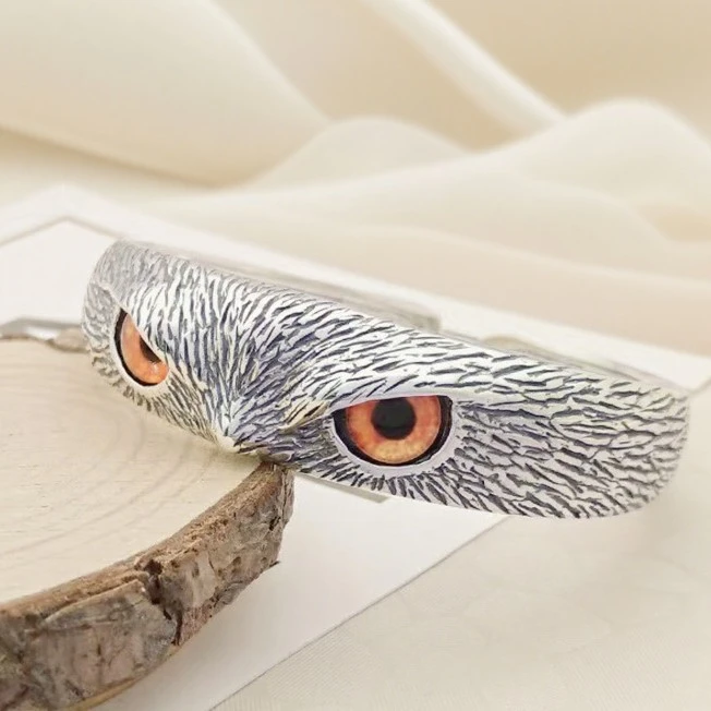 Thai Silver Jewelry Vintage Owl Statement Bracelet