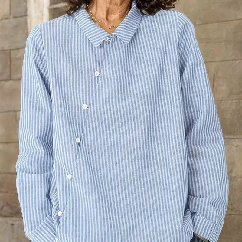 New Womens Blue And White Vertical Stripe Polo-Neck Cardigan