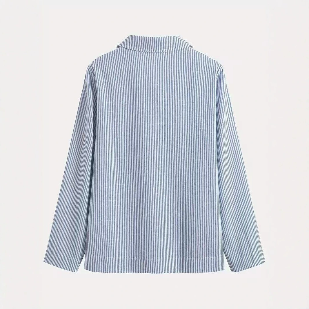 New Womens Blue And White Vertical Stripe Polo-Neck Cardigan