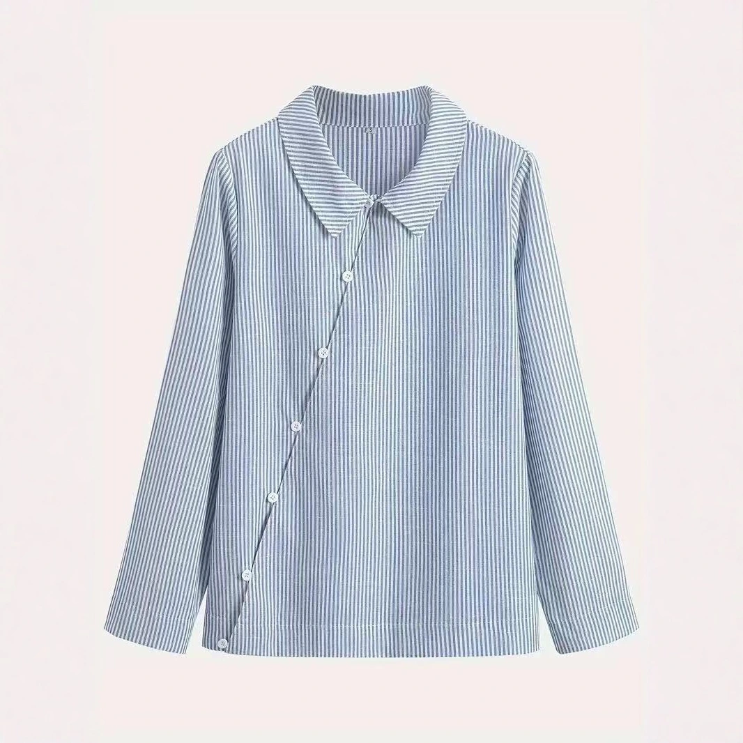 New Womens Blue And White Vertical Stripe Polo-Neck Cardigan