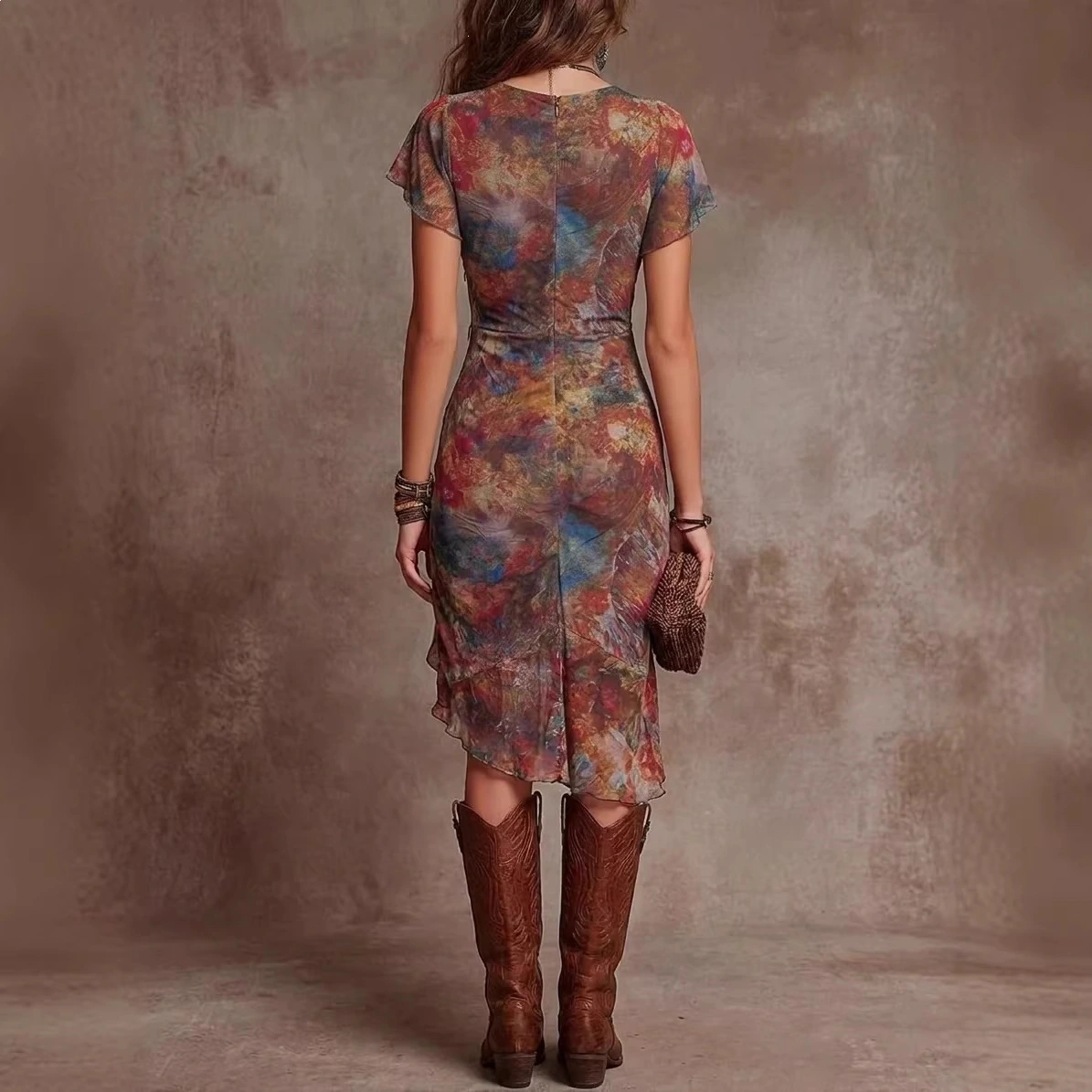 Womens Printed V-Neck Defined-Waist Dress