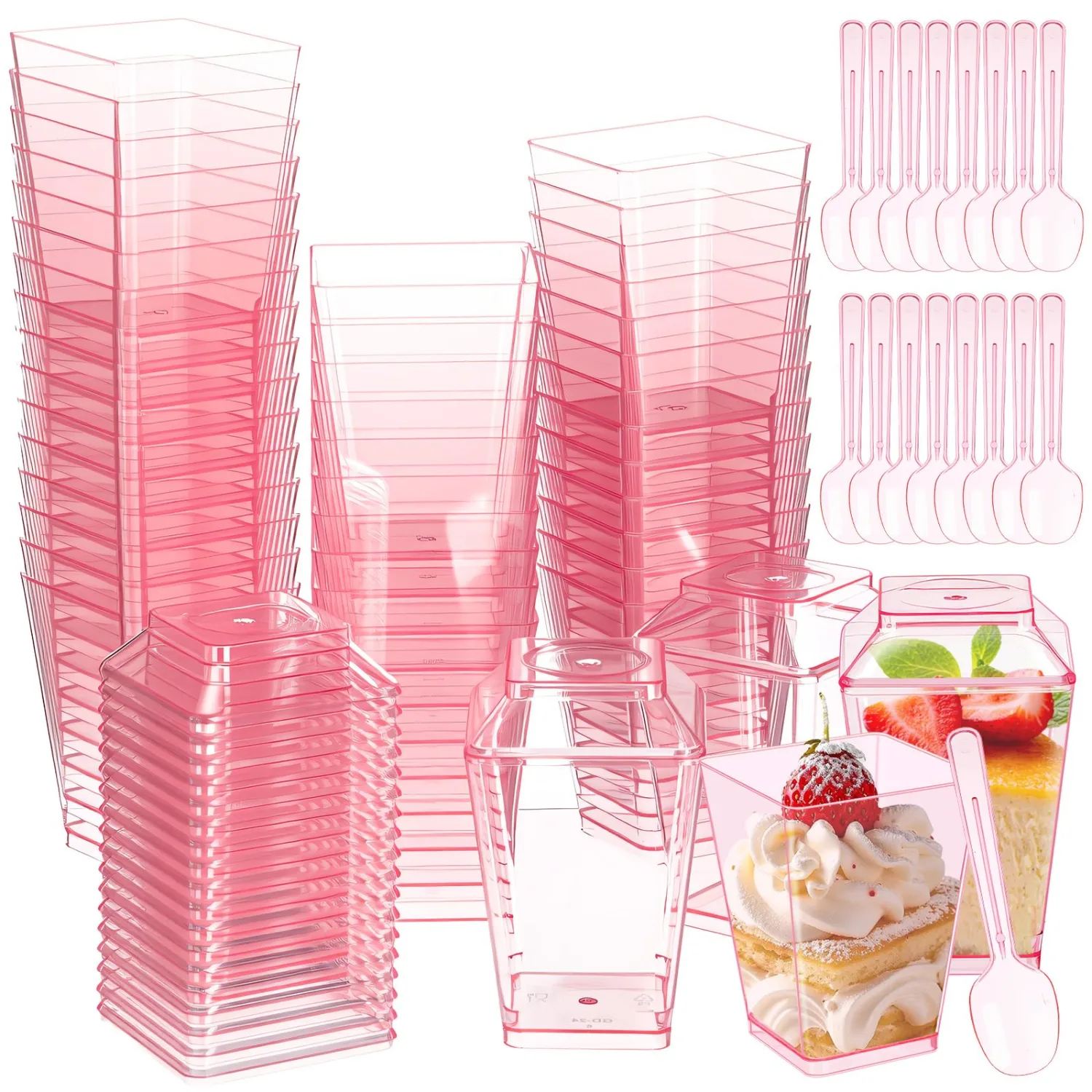 Mifoci 150 Pcs 5 oz Pink Plastic Dessert Cups with Lids and Spoons Valentine Mini Clear Reusable Yogurt Parfait Appetizer Cup for Wedding Baby Shower Party Picnic Dessert Fruit Pudding Ice Cream Cake