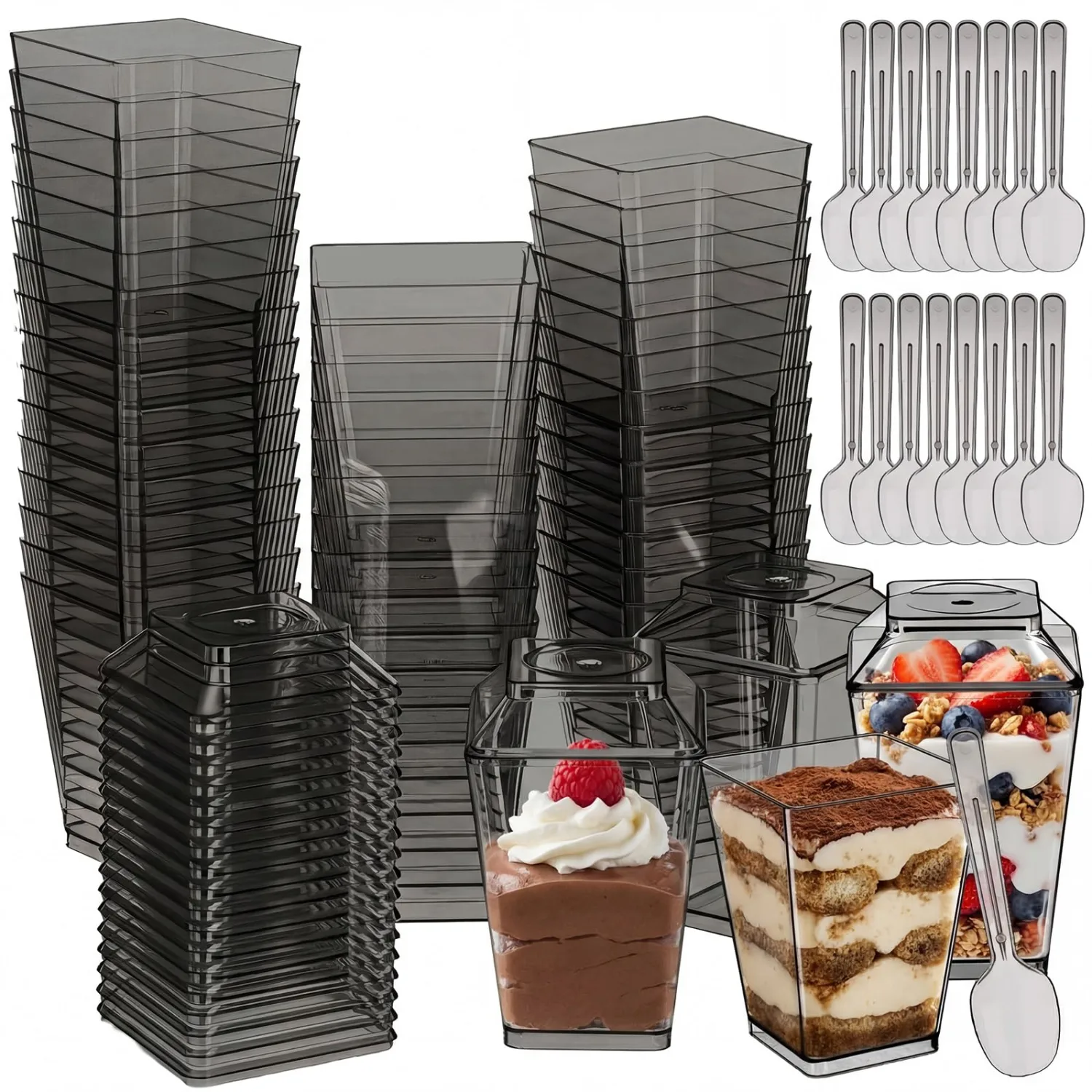 Mifoci 150 Pcs 5 oz Black Plastic Dessert Cups with Lids and Spoons Mini Clear Reusable Yogurt Parfait Appetizer Cup for Wedding Baby Shower Party Picnic Dessert Fruit Pudding Ice Cream Cake