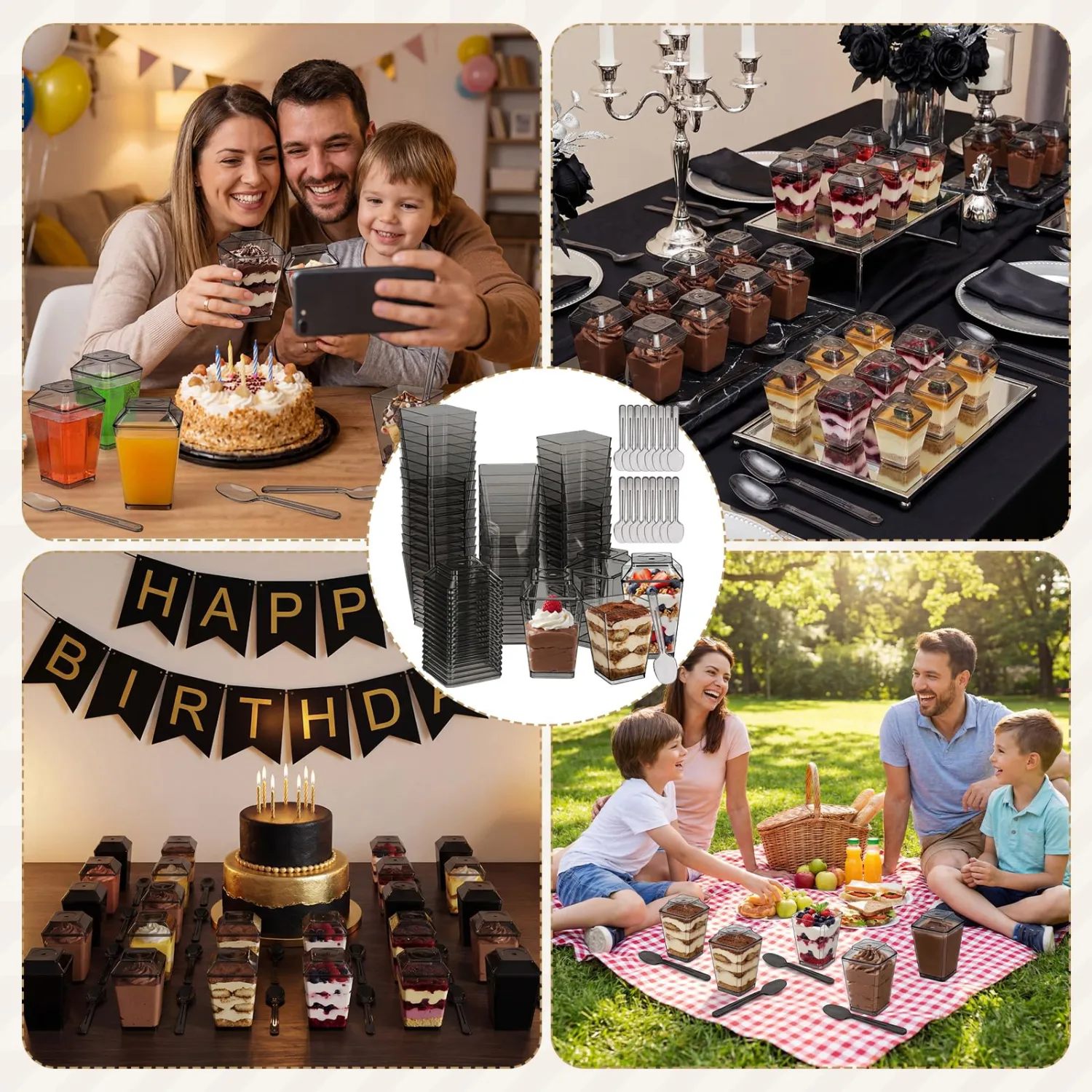 Mifoci 150 Pcs 5 oz Black Plastic Dessert Cups with Lids and Spoons Mini Clear Reusable Yogurt Parfait Appetizer Cup for Wedding Baby Shower Party Picnic Dessert Fruit Pudding Ice Cream Cake