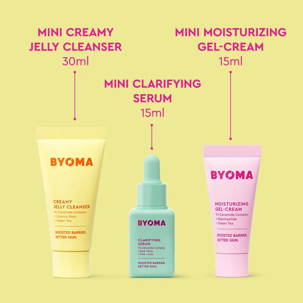 BYOMA So Clear Set - Barrier Repair Skincare Set for Acne Prone Skin - Creamy Jelly Cleanser, Clarifying Face Serum & & Gel-Cream Moisturizer - Unclogs Pores, Targets Blemishes - 30ml, 15ml, 15ml
