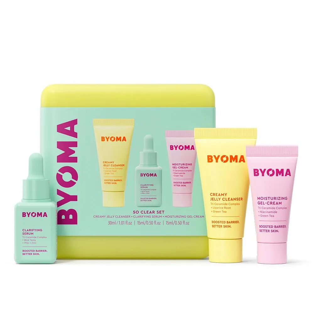 BYOMA So Clear Set - Barrier Repair Skincare Set for Acne Prone Skin - Creamy Jelly Cleanser, Clarifying Face Serum & & Gel-Cream Moisturizer - Unclogs Pores, Targets Blemishes - 30ml, 15ml, 15ml