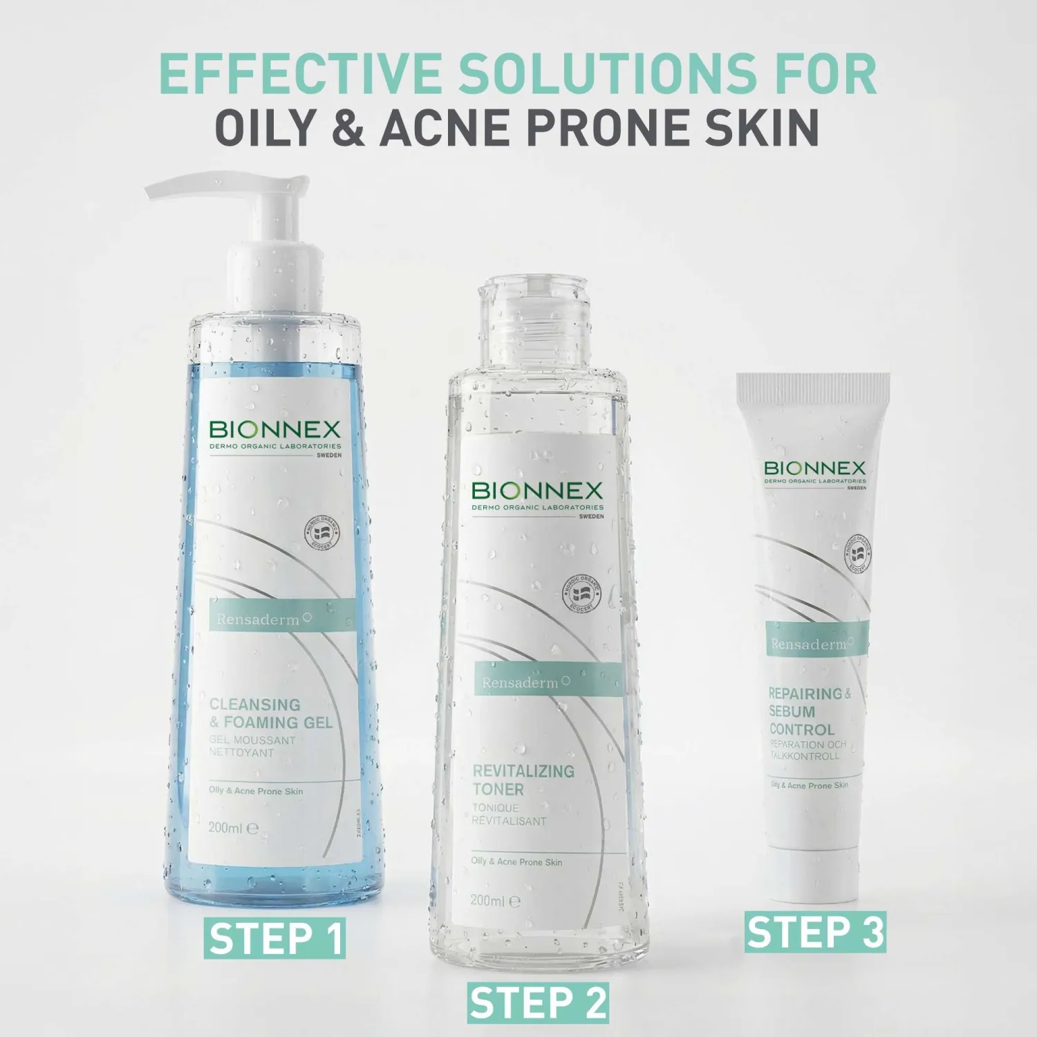 Bionnex Complete Acne Treatment Routine, 3 Step Daily Routine with Foaming Cleanser, Revitalizing Toner & Sebum Control Cream, Dermatologocally & Clinically Tested, 2 Month Supply