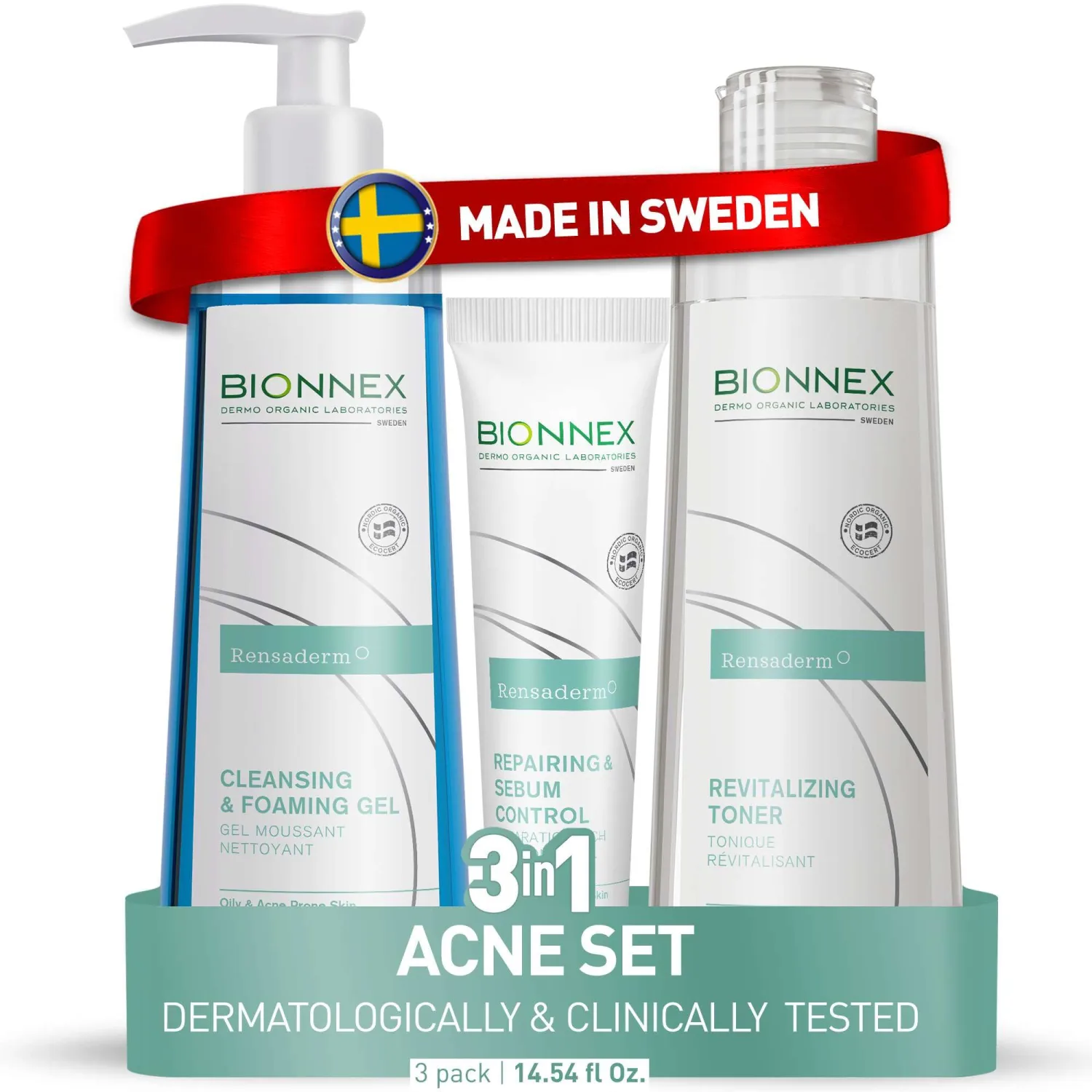 Bionnex Complete Acne Treatment Routine, 3 Step Daily Routine with Foaming Cleanser, Revitalizing Toner & Sebum Control Cream, Dermatologocally & Clinically Tested, 2 Month Supply