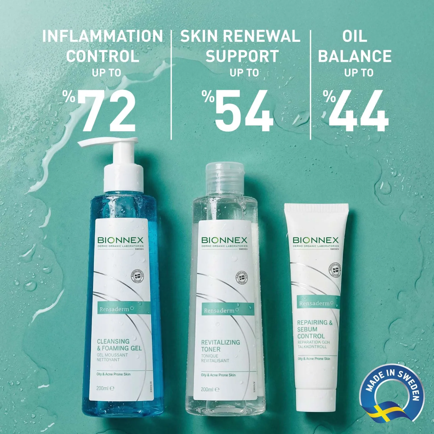Bionnex Complete Acne Treatment Routine, 3 Step Daily Routine with Foaming Cleanser, Revitalizing Toner & Sebum Control Cream, Dermatologocally & Clinically Tested, 2 Month Supply