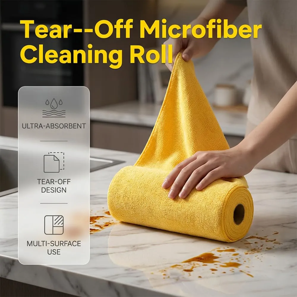 Microfiber Cleaning Cloth Roll, Tear Away Microfiber Towel Roll, Reusable Paper Towels Alternative, Lint Free & Absorbent Cleaning Cloths for Kitchen, Car, Window (Orange, 100PC)