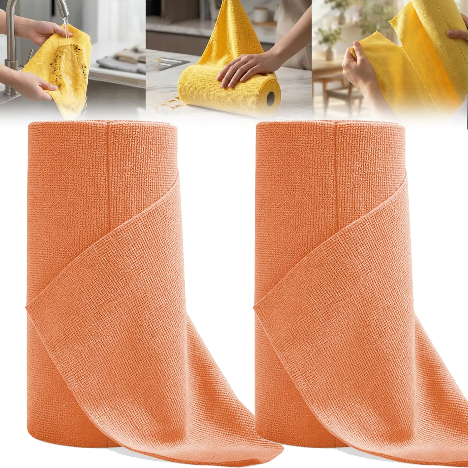 Microfiber Cleaning Cloth Roll, Tear Away Microfiber Towel Roll, Reusable Paper Towels Alternative, Lint Free & Absorbent Cleaning Cloths for Kitchen, Car, Window (Orange, 100PC)