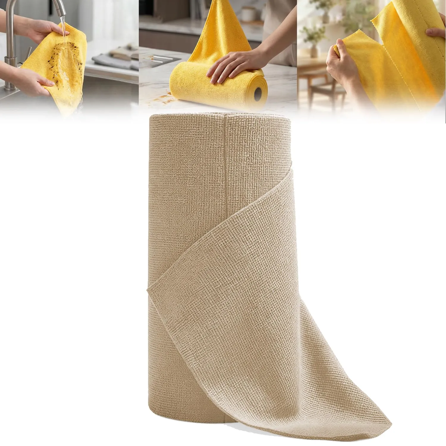 Microfiber Cleaning Cloth Roll, Tear Away Microfiber Towel Roll, Reusable Paper Towels Alternative, Lint Free & Absorbent Cleaning Cloths for Kitchen, Car, Window (Brown, 50PC)