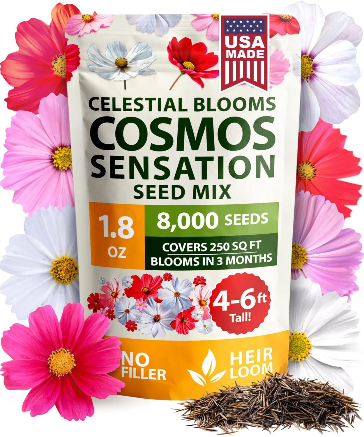 HOME GROWN Cosmos Flower Seeds Bulk Pack for 2026 (1.8 oz) 8,000+ Heirloom Annual Wildflower Seeds Pollinator-Friendly Mix for Pollinators & Outdoor Gardens