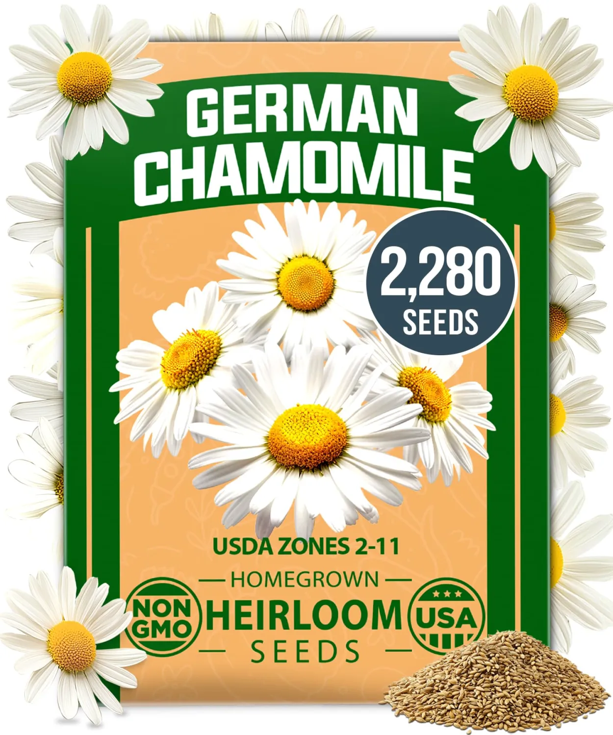 HOME GROWN German Chamomile Seed Pack 2,280 Non GMO Heirloom Seeds for Planting for Sustainable Gardens and Soothing Medicinal Herbal Teas (Matricaria chamomilla)