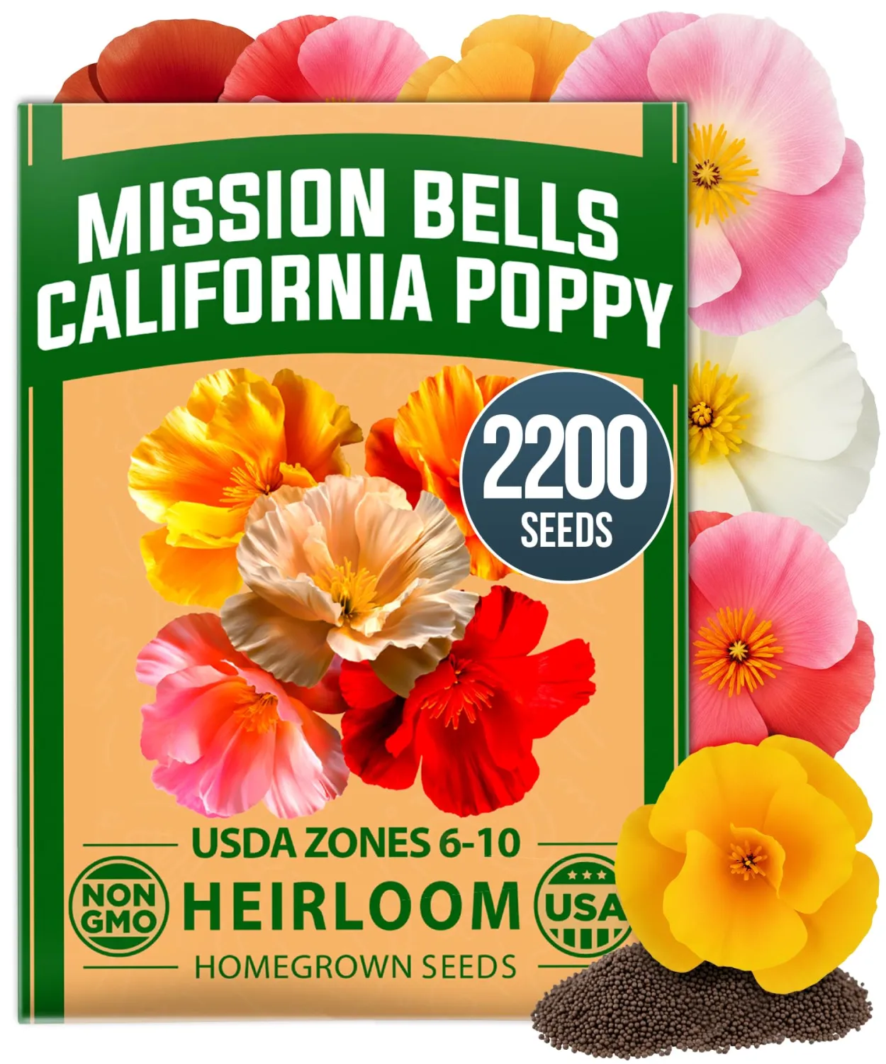 HOME GROWN California Poppy Mission Bells 2200 Seeds (2g) – Flower Seeds for Planting Outdoors, Vibrant Spring & Summer Blooms, Drought Tolerant Annual for Sunny Gardens (Eschscholzia californica)