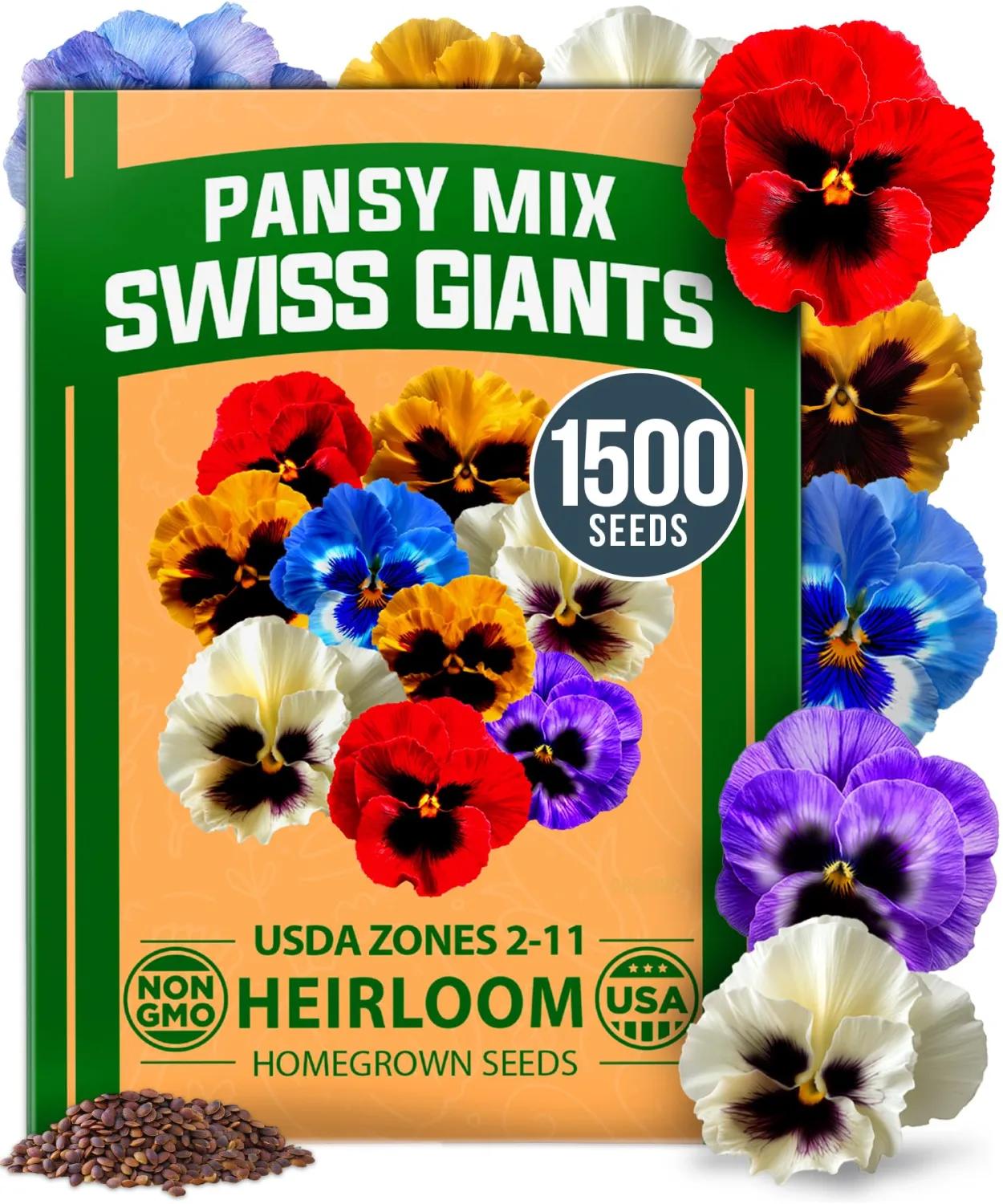 HOME GROWN Pansy Swiss Giants Mix - 1,500 Flower Seeds (2.13g) - Fall Planting Pansies Seed - Edible Viola Seeds - Cold Hardy Annuals for Containers & Outdoor Gardens (Viola × wittrockiana)