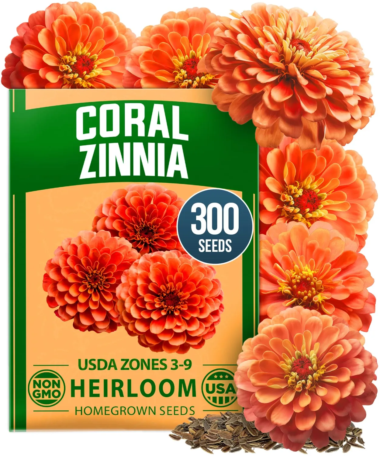 HOME GROWN Coral Zinnia Seeds (1g) – 300 Zinnia elegans Annual Flower Seeds for Planting Outdoors – Heat Tolerant Easy Summer Flowers to Plant – Herb Seed Companion for Pollinator Garden Beds for 2026