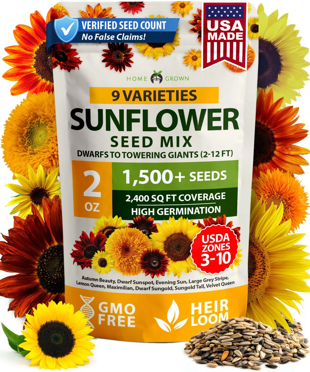 HOME GROWN Sunflower Seeds Mix Pack 1,500+ 9 Colorful Varieties of Sun Flower Seeds to Plant - 2-10ft Tall Plants, Pollinator Friendly, Easy to Grow, High Germination