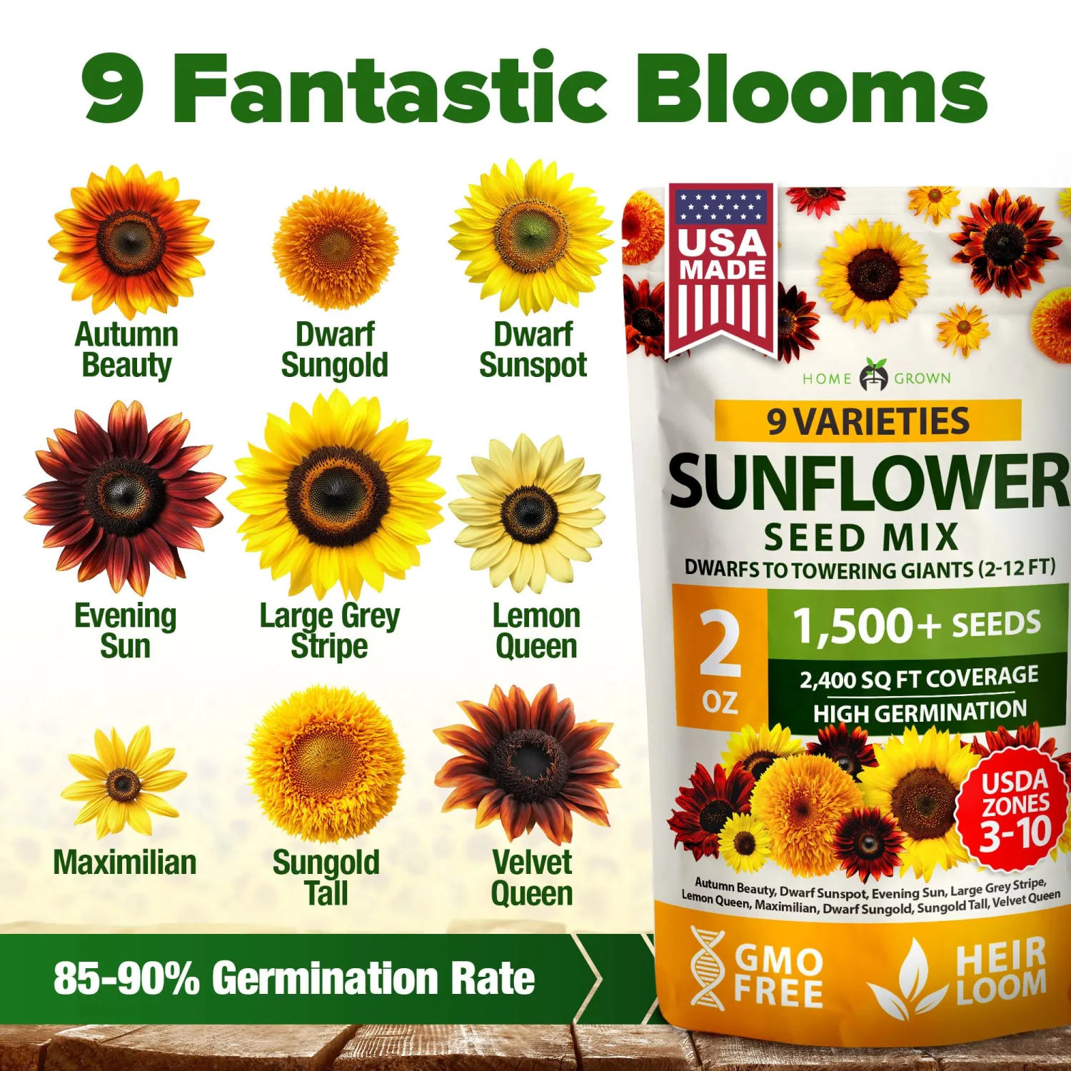 HOME GROWN Sunflower Seeds Mix Pack 1,500+ 9 Colorful Varieties of Sun Flower Seeds to Plant - 2-10ft Tall Plants, Pollinator Friendly, Easy to Grow, High Germination