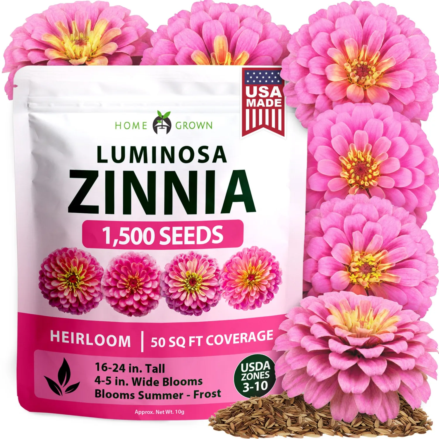 HOME GROWN Pink Zinnia Seeds – 1500 Luminosa Zinnias, Easy to Grow Annual Flower Seeds for Planting Outdoors for 2026, Fast Blooming, Heat Tolerant Herb Seed Garden Companion (Zinnia elegans)