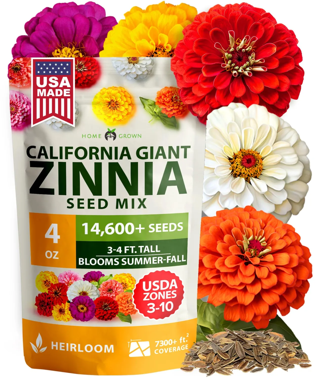 HOME GROWN Zinnia Seeds for 2026 - California Giant Mix - 14,600+ (4 oz) Plant Wildflower Blooms Bulk Seeds for Planting Flowers Outside - Pollinator Gardens (Zinnia elegans)