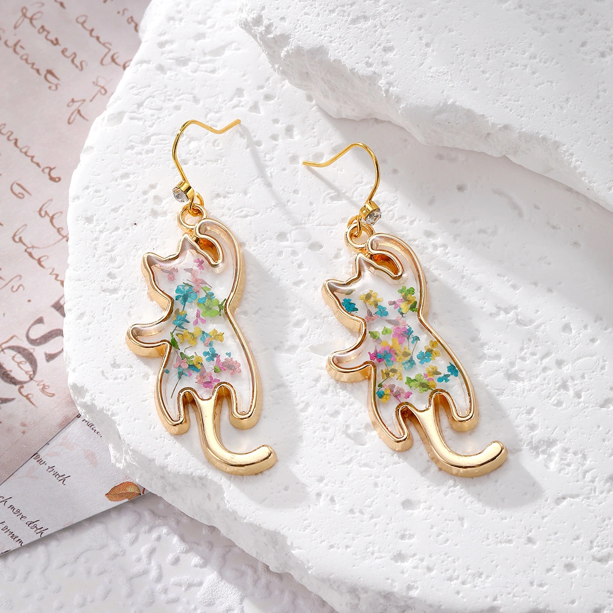 Floral Kitty Polar Bear Natural Dried Flower Earrings