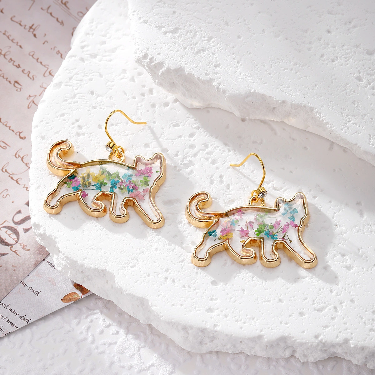 Floral Kitty Polar Bear Natural Dried Flower Earrings