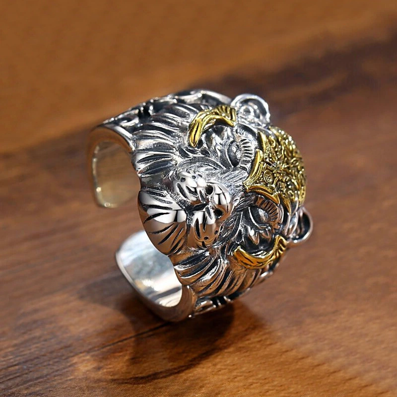 Retro Tiger Head Ring Mens Trendy Adjustable-Size