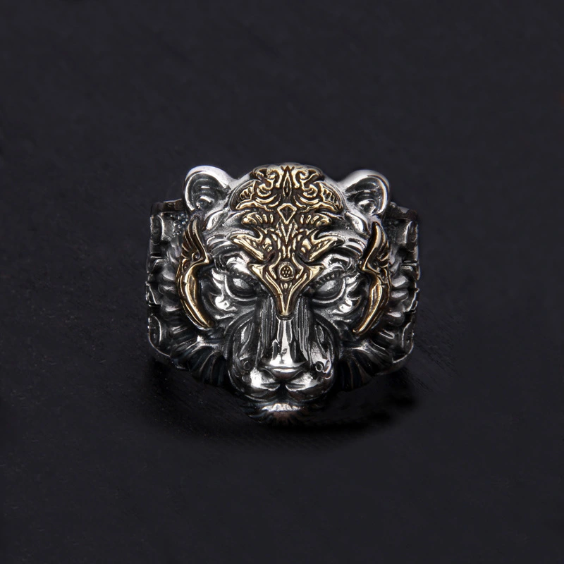Retro Tiger Head Ring Mens Trendy Adjustable-Size